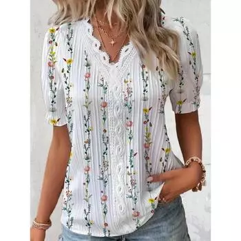 Блузка больших размеров с кружевными деталями и цветочным принтом, элегантная текстурированная блузка с короткими рукавами с V-образным вырезом для весны и лета, женская одежда больших размеров S синий