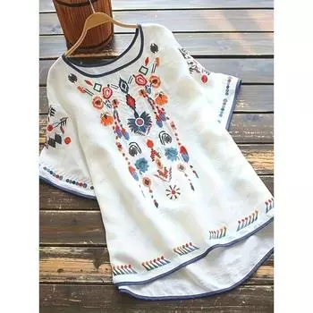 Блузка больших размеров с вышивкой и высоким низким подолом, блузка с коротким рукавом в стиле бохо на весну и лето, женская одежда больших размеров M красный