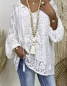 Блузка больших размеров в стиле бохо, женская однотонная кружевная туника с рукавами-фонариками и кисточками с V-образным вырезом, рубашка-топ 1XL зелёный