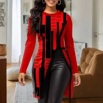 Блузка большого размера с разрезом по краю и круглым вырезом с геометрическим рисунком и длинными рукавами по бокам, пуловер средней длины, туника, топы, уличная одежда M розовый