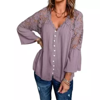 Блузка большого размера с рукавами, сплошной цвет, расклешенная однобортная женская свободная рубашка с кружевной строчкой, топ L темно-фиолетового