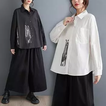 Блузка большого размера в стиле осень-весна, винтажный ретро-дизайн, повседневная рубашка с коротким рукавом, женская свободная рубашка с длинными рукавами и асимметричным дизайном сращивания XL белый