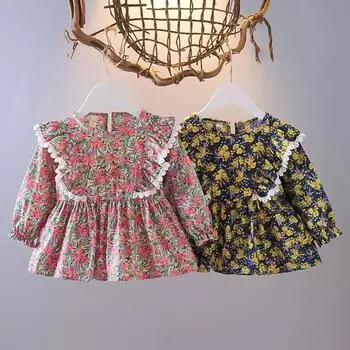 Блузка для девочек, детский топ с цветочным принтом и длинными рукавами, детские топы 90