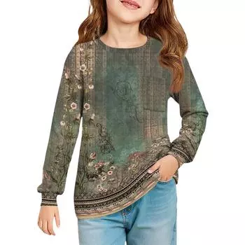 Блузка для девочек с длинным рукавом - Туника с мягкой талией и круглым вырезом 100