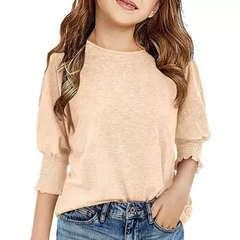 Блузка для девочек с рукавом 3/4 - Рубашка с оборками и круглым вырезом 130