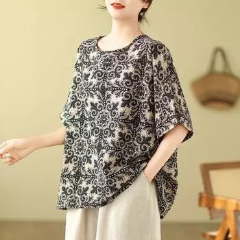 Блузка из хлопка и льна больших размеров, женская летняя ретро-стиль, уменьшающая возраст, повседневная рубашка с принтом, свободный утягивающий модный топ L бордовый