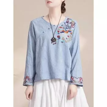 Блузка из хлопка и льна с цветочной вышивкой и пуговицами, винтажный топ, осенние женские блузки M розовый