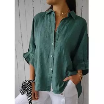 Блузка из хлопка и льна с асимметричной спинкой и завязкой-бабочкой, блузка с рукавом три четверти, женская рубашка с лацканами, модный однотонный топ M