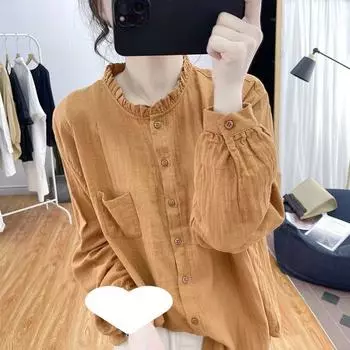 Блузка из хлопка и льна с длинными рукавами и сплошным лацканом для женщин, ретро-рубашка M