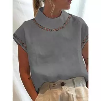 Блузка из хлопка и льна с открытыми плечами, белый топ, однотонный воротник-стойка, повседневные блузки для женщин, рубашки с коротким рукавом S белый