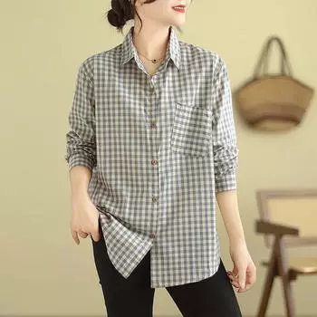Блузка из хлопка и льна, свободная, повседневная, с длинными рукавами, клетчатая рубашка, женская, с лацканами, на пуговицах, в клетку, топ M чёрный