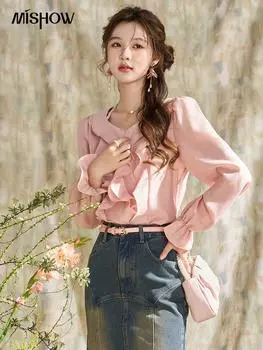 Блузка Mishow для женщин, весна 2024, новая французская свободная однотонная шифоновая рубашка с v-образным вырезом и рюшами и длинными рукавами MXD13X1336 L