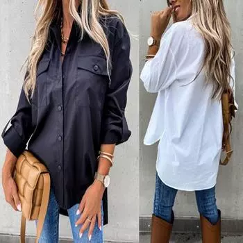 Блузка на пуговицах, мешковатая рубашка, повседневная свободная женская рубашка с длинным рукавом S чёрный