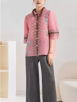Блузка небольшого размера с цветочным принтом, свободные рукава-фонарики, плиссированная женская однобортная женская рубашка с квадратным вырезом для путешествий, элитная весенняя рубашка One Size розовый