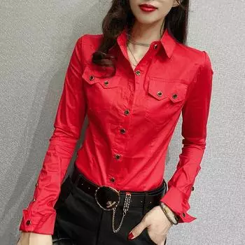 Блузка офисная женская приталенная однотонная модная с карманами, комбинированная, весенне-осенняя, шикарная, однобортная, одежда для женщин, рубашка-поло L красный