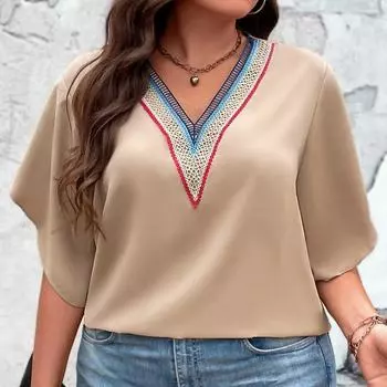 Блузка оверсайз, повседневная свободная рубашка, лето 2023, кружевные топы с v-образным вырезом, однотонные топы с короткими рукавами, одежда 4XL, Blusas 28627 XL орион
