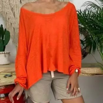 Блузка-пуловер свободного покроя с V-образным вырезом и боковым разрезом, сплошной цвет с длинным рукавом 3XL хаки