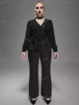 Блузка Rosegal в готическом стиле с бантом в горошек и V-образным вырезом и рюшами 2XL чёрный