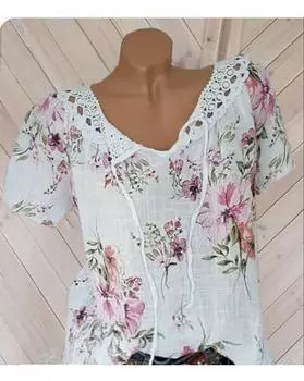 Блузка с цветочным принтом больших размеров, повседневная кружевная блузка с коротким рукавом на лето, женская одежда больших размеров 1XL белый