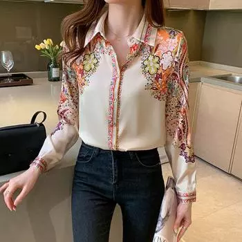 Блузка с цветочным принтом большого размера и длинными рукавами, рубашка, топы, длиннобортная рубашка с лацканами, топы L абрикосовый
