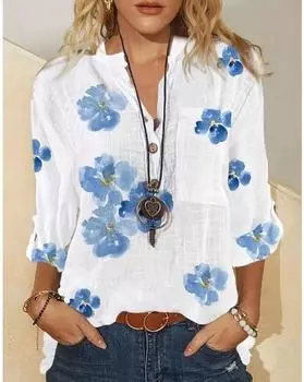 Блузка с цветочным принтом и карманом на пуговицах спереди больших размеров, блузка с длинным рукавом в стиле отпуска для весны и осени, женская одежда больших размеров 1XL белый