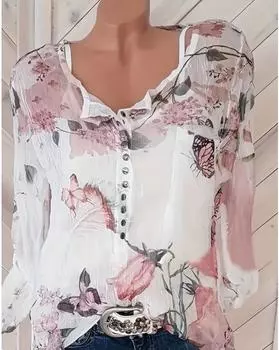 Блузка с цветочным принтом и пуговицами спереди больших размеров, блузка с длинным рукавом для отпуска на весну и осень, женская одежда больших размеров 1XL белый