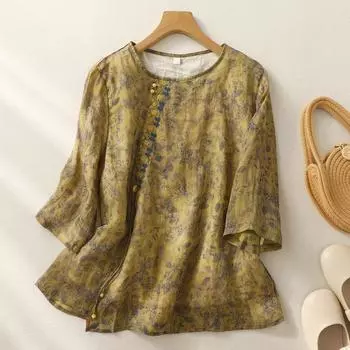 Блузка с цветочным принтом и рукавом семь четвертей, летняя, свободная, разноцветная, прочная футболка для женщин M светло-фиолетовый