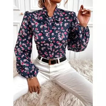 Блузка с цветочным принтом и завязкой спереди, элегантная блузка с длинными рукавами на весну и осень, женская одежда S