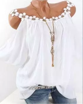 Блузка с цветочным ремнем больших размеров, свободная блузка с короткими рукавами в стиле отпуска на весну и лето, женская одежда больших размеров 1XL белый
