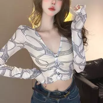 Блузка с длинным рукавом для защиты от солнца в стиле чистой страсти, женская летняя пикантная футболка с V-образным вырезом из сетки, пуловер, базовый слой S