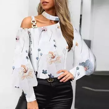 Блузка с длинным рукавом-фонариком, рубашка с принтом, женская мода, топы с открытыми плечами с металлической пряжкой на одном ремешке, женская одежда 29117 S орион