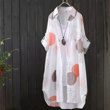 Блузка с длинным рукавом и длиной до бедра, блузка с принтом по всей длине, на пуговицах спереди, повседневная блузка с длинным рукавом и длиной до бедра для весны и осени, женская одежда S жёлтый