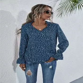 Блузка с длинным рукавом и V-образным вырезом в горошек с принтом листьев лотоса на осень-зиму S белый