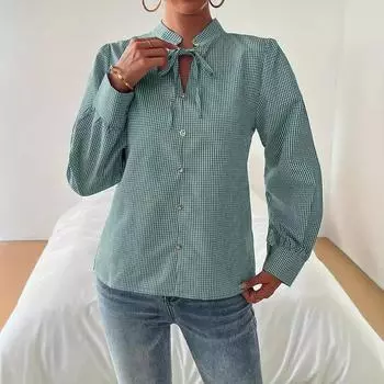 Блузка с длинным рукавом, модная женская рубашка в вертикальную полоску с нагрудным карманом, повседневный свободный топ с длинным рукавом и лацканами для уличной одежды S зелёный