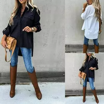 Блузка с длинным рукавом, топы, женская мешковатая рубашка, свободная повседневная рубашка на пуговицах S чёрный