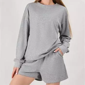 Блузка с длинным рукавом, женские шорты, домашний повседневный спортивный комплект из 2 предметов, женская модная свободная одежда, простая летняя одежда 29883 S зелёный