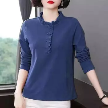 Блузка с длинными рукавами, весенняя и осенняя футболка, женская свободная рубашка большого размера с воротником-стойкой в стиле вестерн 5XL чёрный