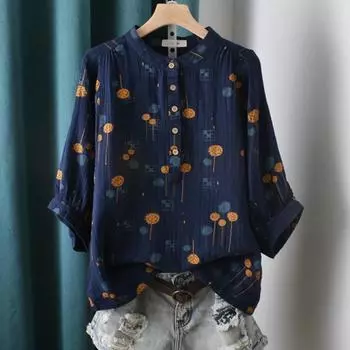 Блузка с художественным принтом в горошек и рукавами «летучая мышь», двухслойная хлопковая пряжа, рубашка со средним рукавом для женщин, рубашка из мягкого хлопка с рукавом пять четвертей One Size