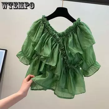 Блузка с короткими рукавами и рюшами, женская короткая летняя рубашка с v-образным вырезом, зеленая рубашка M зелёный
