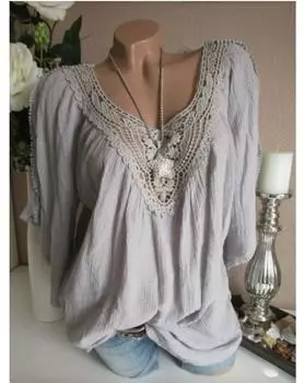 Блузка с круглым вырезом и кружевной отделкой больших размеров, свободная блузка с оборками для отпуска на весну и лето, женская одежда больших размеров 1XL серый