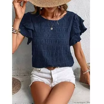 Блузка с круглым вырезом и однотонной текстурой, элегантная многослойная блузка с рюшами на весну и лето, женская одежда S красный