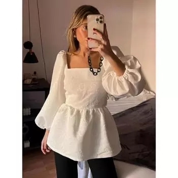 Блузка с квадратным вырезом и рукавами-фонариками, женская жаккардовая рубашка, свободная повседневная, со шнуровкой и открытой спиной, новая мода на лето XS белый