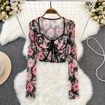 Блузка с квадратным вырезом в стиле ретро, женская блузка с цветочным принтом в стиле ретро, тонкая, тонкая, с коротким пупком, открытая футболка с длинными рукавами