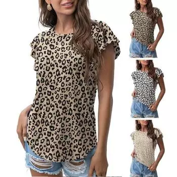 Блузка с леопардовым принтом, женская повседневная женская футболка с рюшами и короткими рукавами, женские пуловеры, топы, уличная одежда L хаки