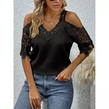 Блузка с открытыми плечами из контрастного кружева, элегантная однотонная женская одежда с V-образным вырезом и короткими рукавами S чёрный