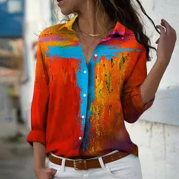 Блузка с принтом креста для женщин, весна-осень, женская, офисная, на пуговицах, с отложным воротником XS чёрный