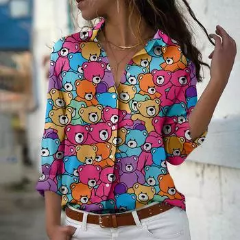 Блузка с принтом панды для женщин, весна-осень, женская, офисная, на пуговицах, с отложным воротником XS розовый