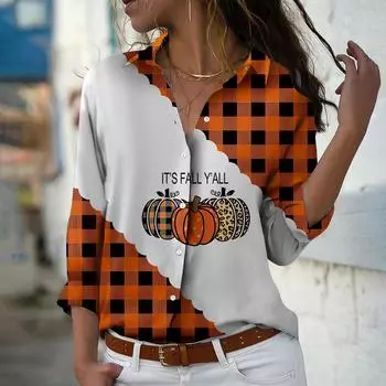 Блузка с принтом тыквы для женщин, весна-осень, женская, офисная, на пуговицах, с отложным воротником XS темно-синий