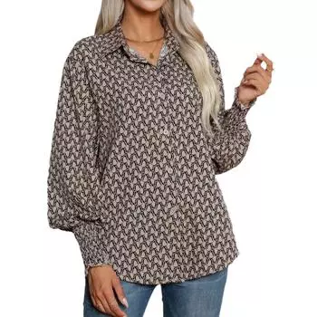 Блузка с рукавами-фонариками с геометрическим принтом, женские свободные рубашки с длинными рукавами и воротником с лацканами S хаки