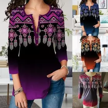 Блузка с рукавом 3/4 градиентного цвета из полиэфирного волокна с этническим принтом женский топ для офиса 3XL синий
